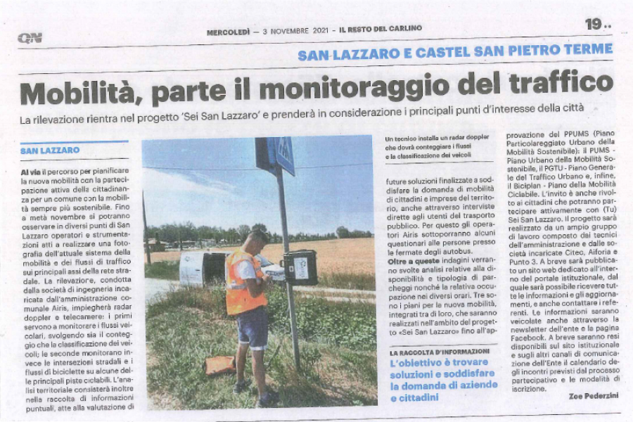 Il Resto del Carlino dedica una mezza pagina al progetto “Sei San Lazzaro” e al monitoraggio del traffico a cura di Airis