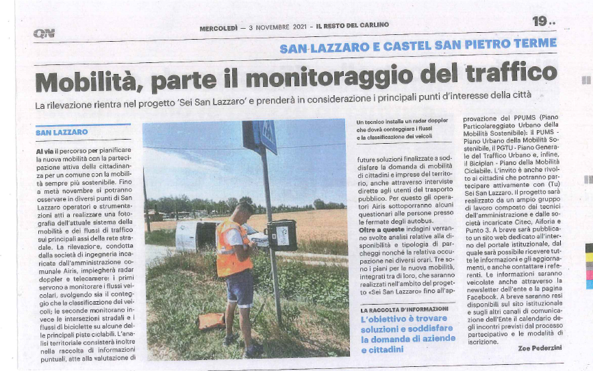 Il Resto del Carlino dedica una mezza pagina al progetto “Sei San Lazzaro” e al monitoraggio del traffico a cura di Airis